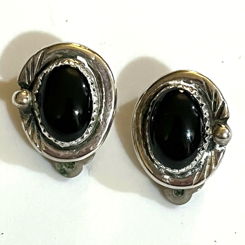 Signed, Vintage Southwestern Sterling Onyx Clip Back Earrings